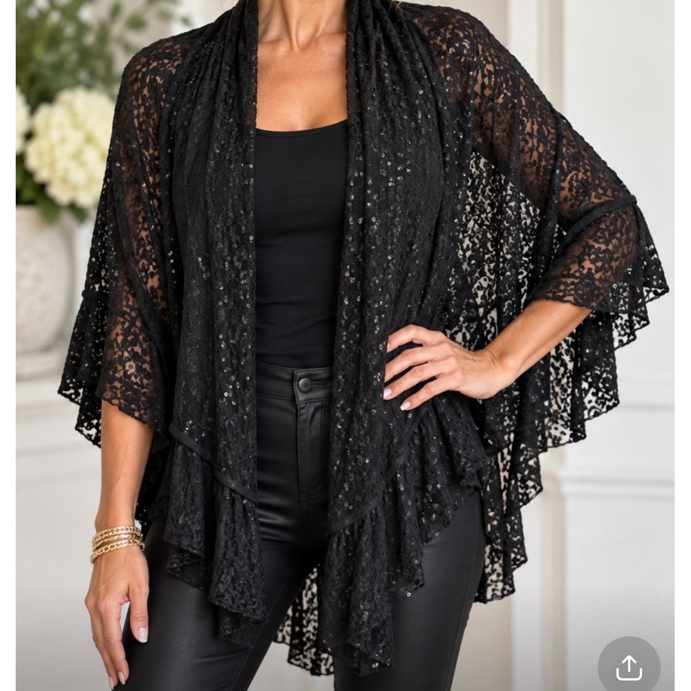J Kara New York Black Sequined Lace Wrap Shawl Evening Shrug One Size NWT - Picture 8 of 8